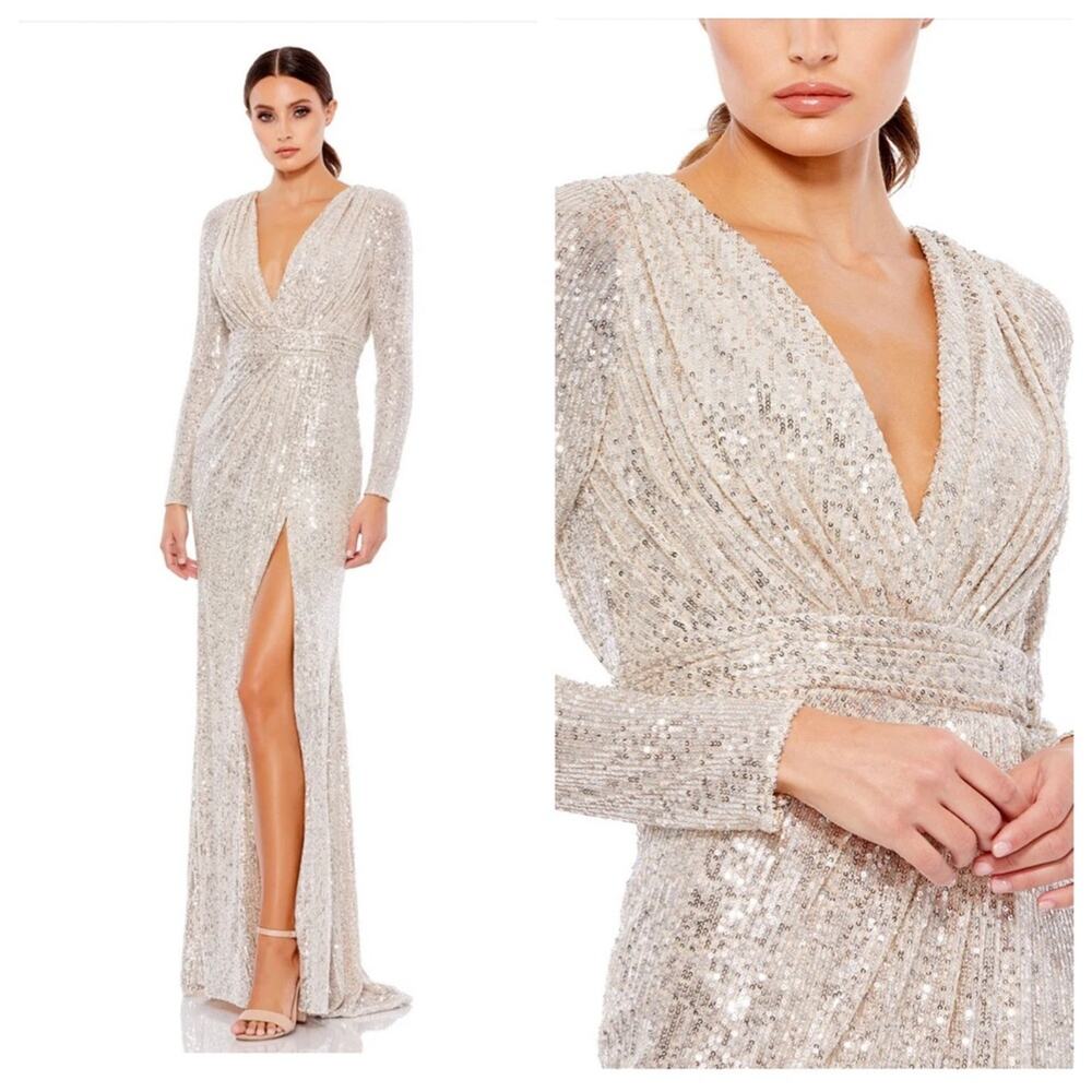 IEENA for MAC DUGGAL 26395 Silver V-Neck Ruched Waist Long Sleeve Sequin Gown